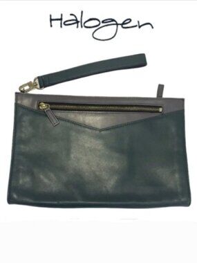 HALOGEN Leather Clutch Dark teal green w/wrist strap Two-Toned Minimalist Mod